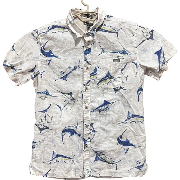 Eddie Bauer Button Up Shirt Size L Blue Fish Marlin Linen Cotton Short Sleeves - Picture 1 of 8